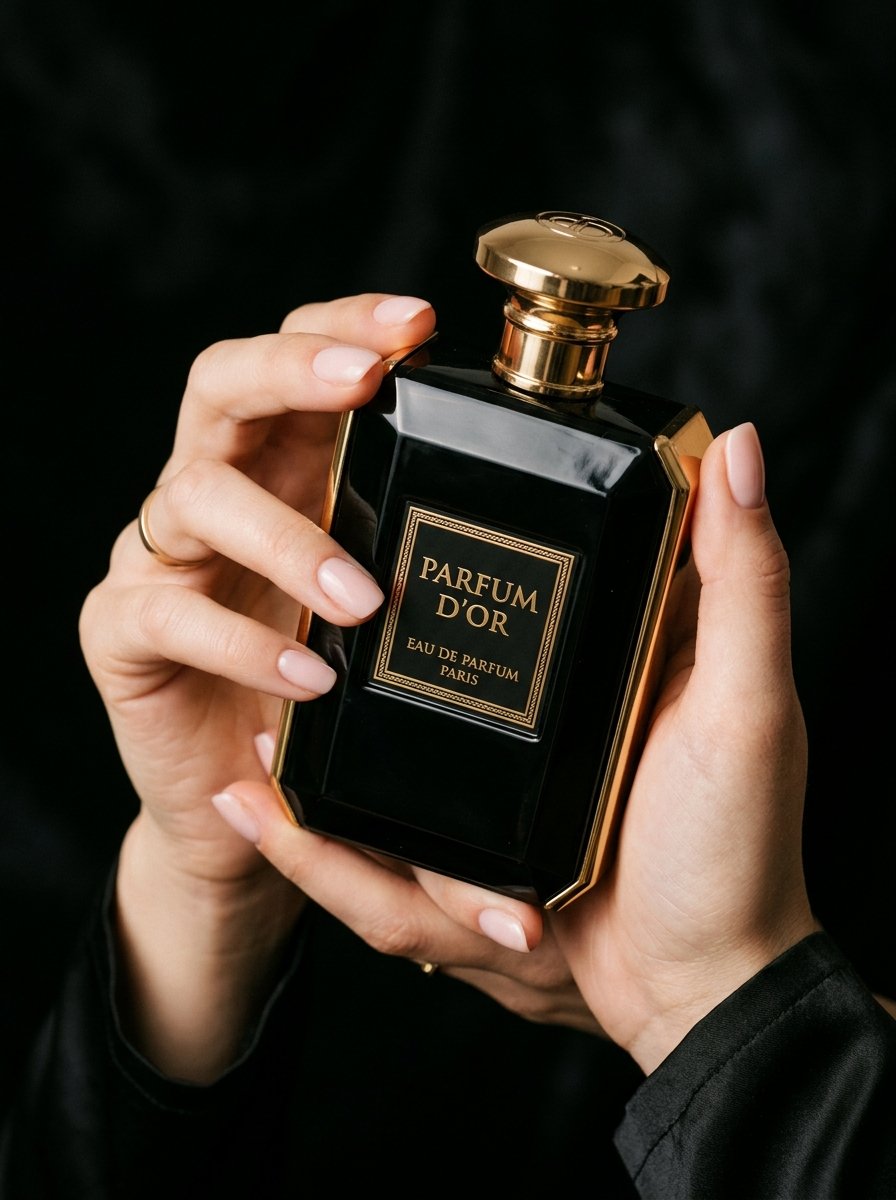 Woman holding black luxury perfume bottle